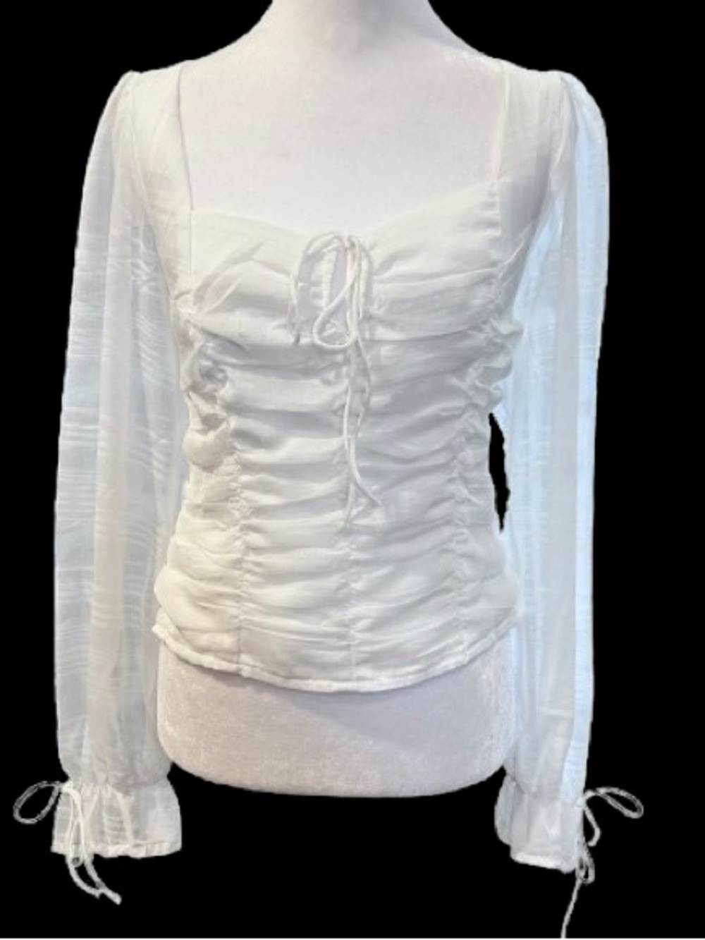 Francesca's White Ruched Square Neck Blouse XL Sheer Coquette Milkmaid Top